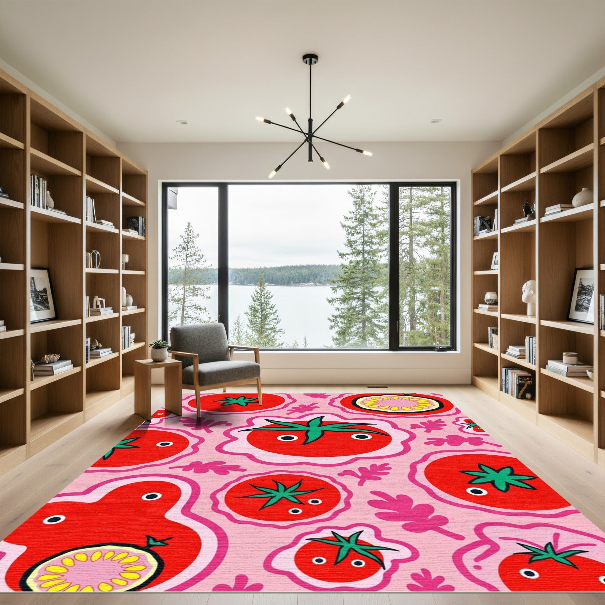 Whimsical Pink Tomato Folk Art Rug