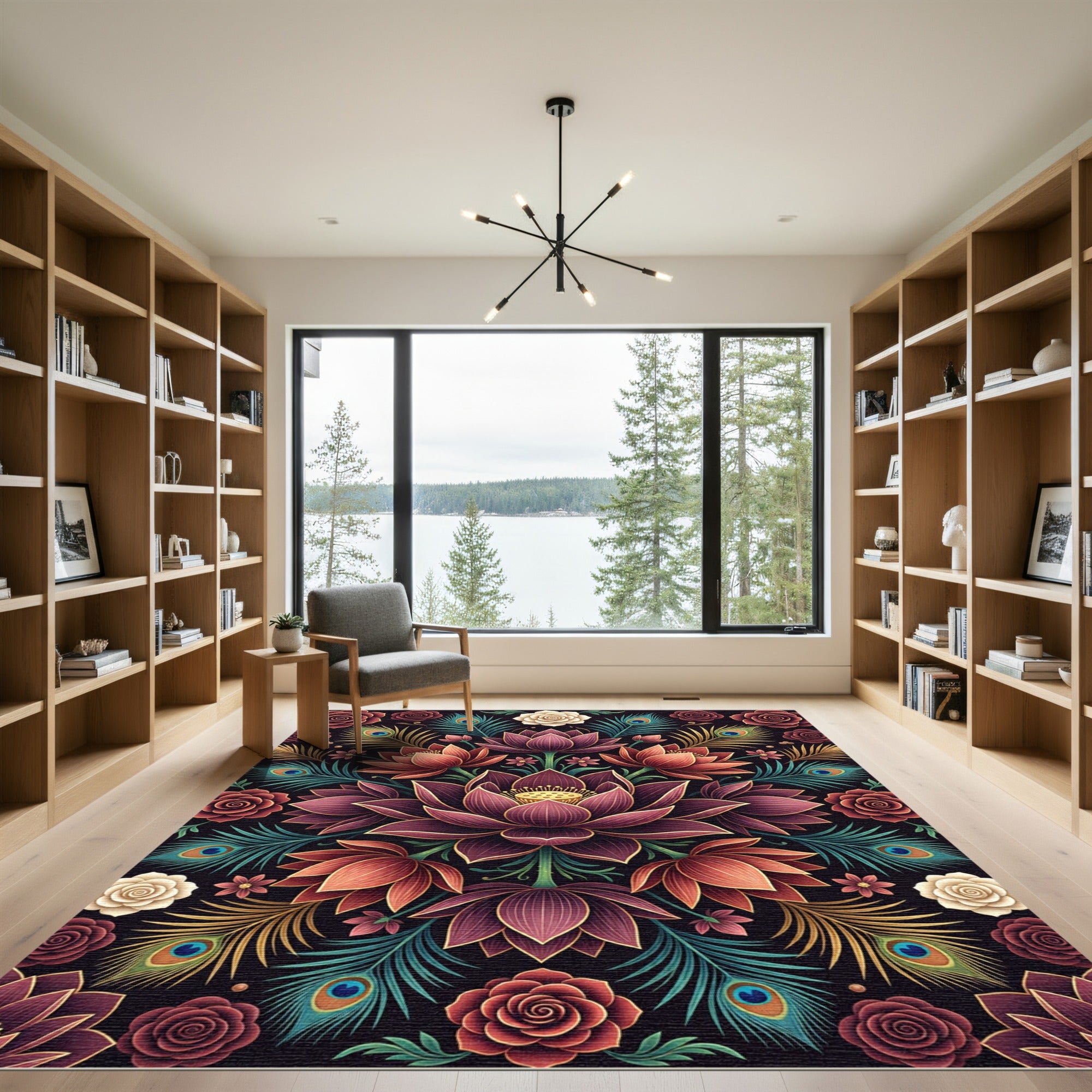 Lotus Floral Peacock Feather Symmetry Rug