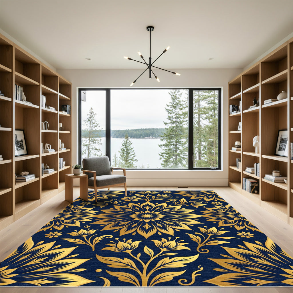 Golden Floral Medallion on Navy Rug