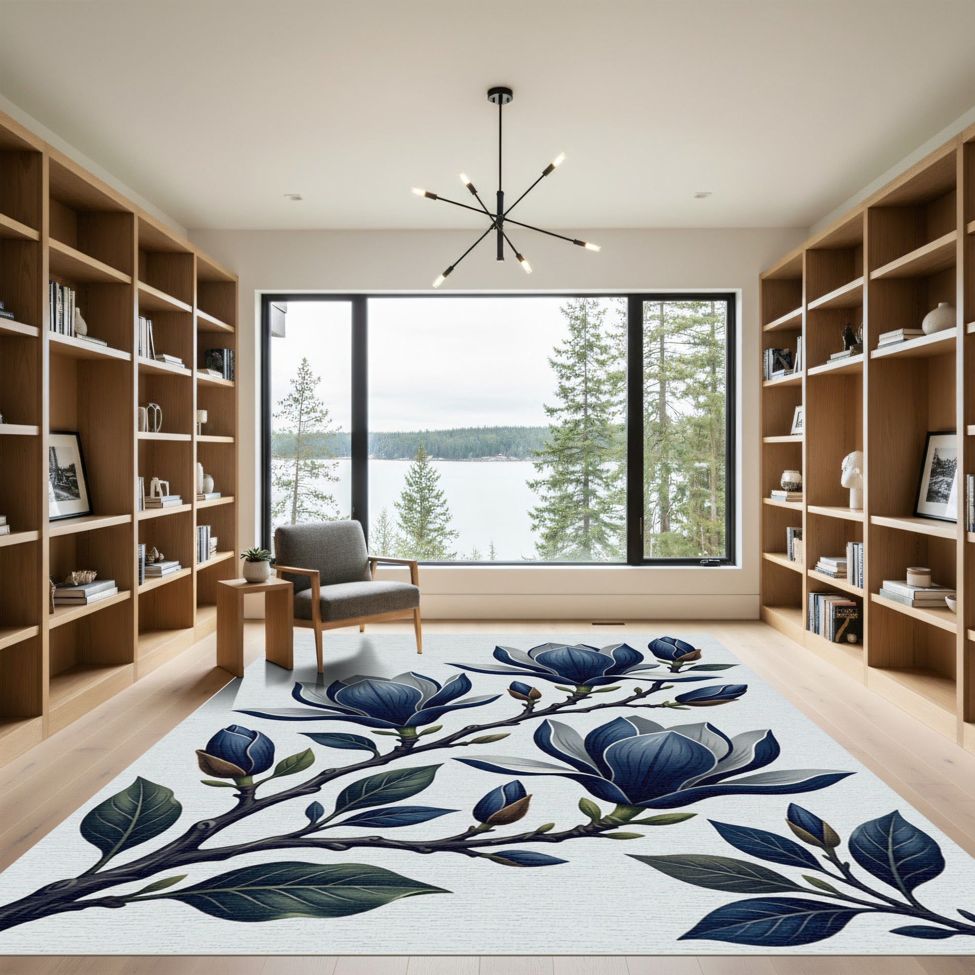 Elegant Navy Magnolia Botanical Branch Rug