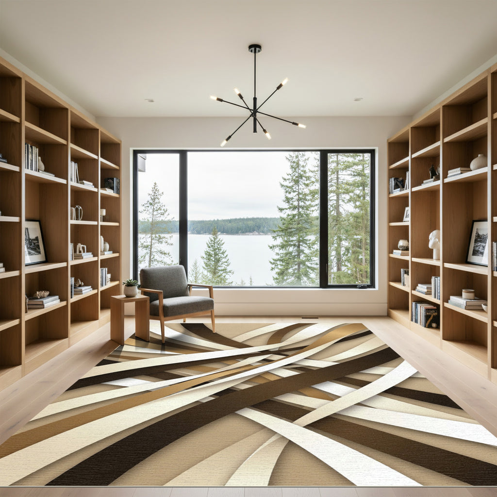 Cream Brown Gold Ribbon Weave Rug
