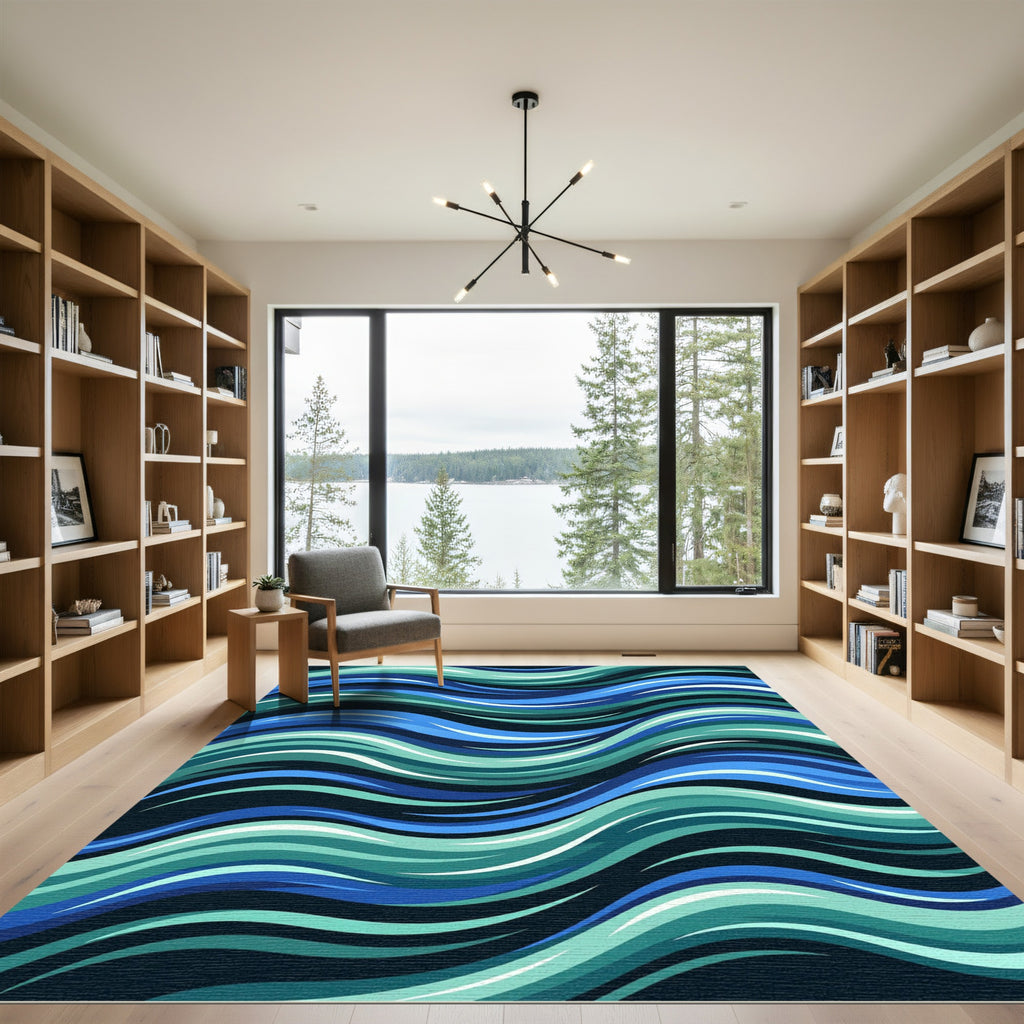Modern Teal and Navy Flowing Waves Rug