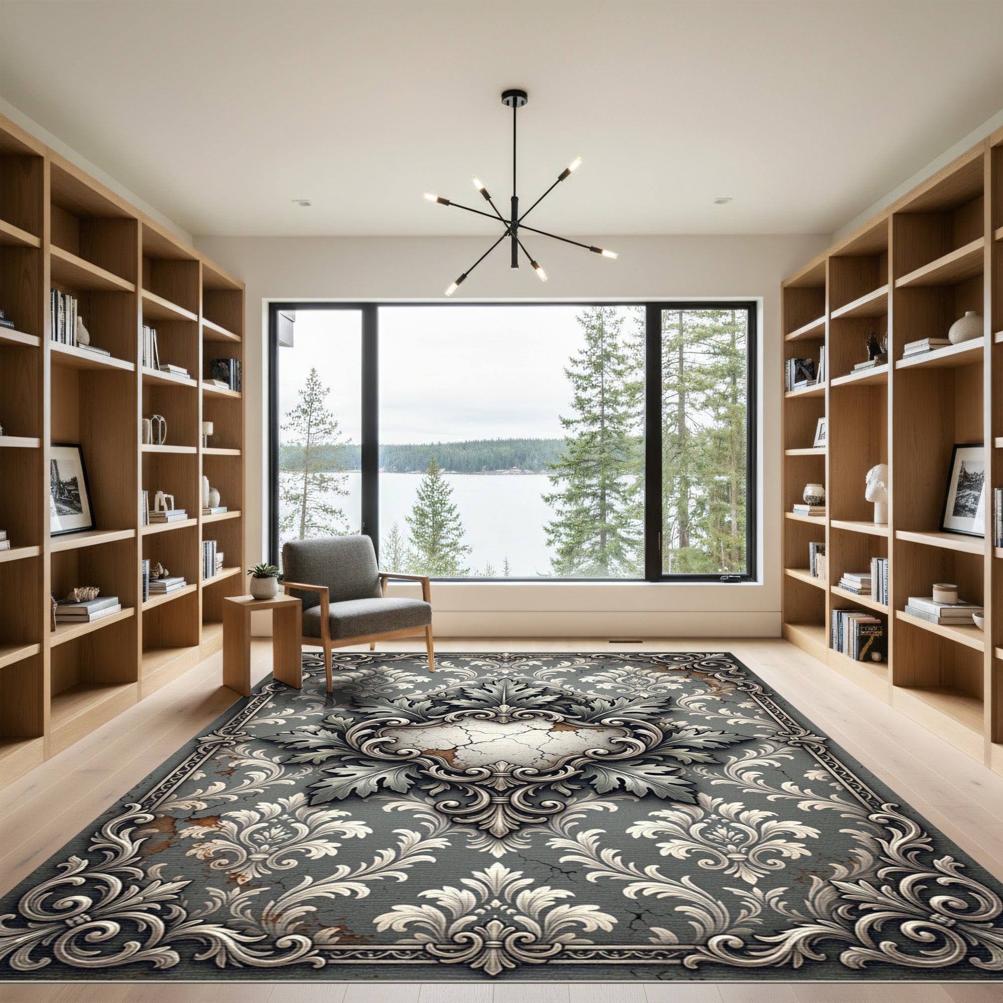 Ornate Weathered Gray Damask Scroll Rug