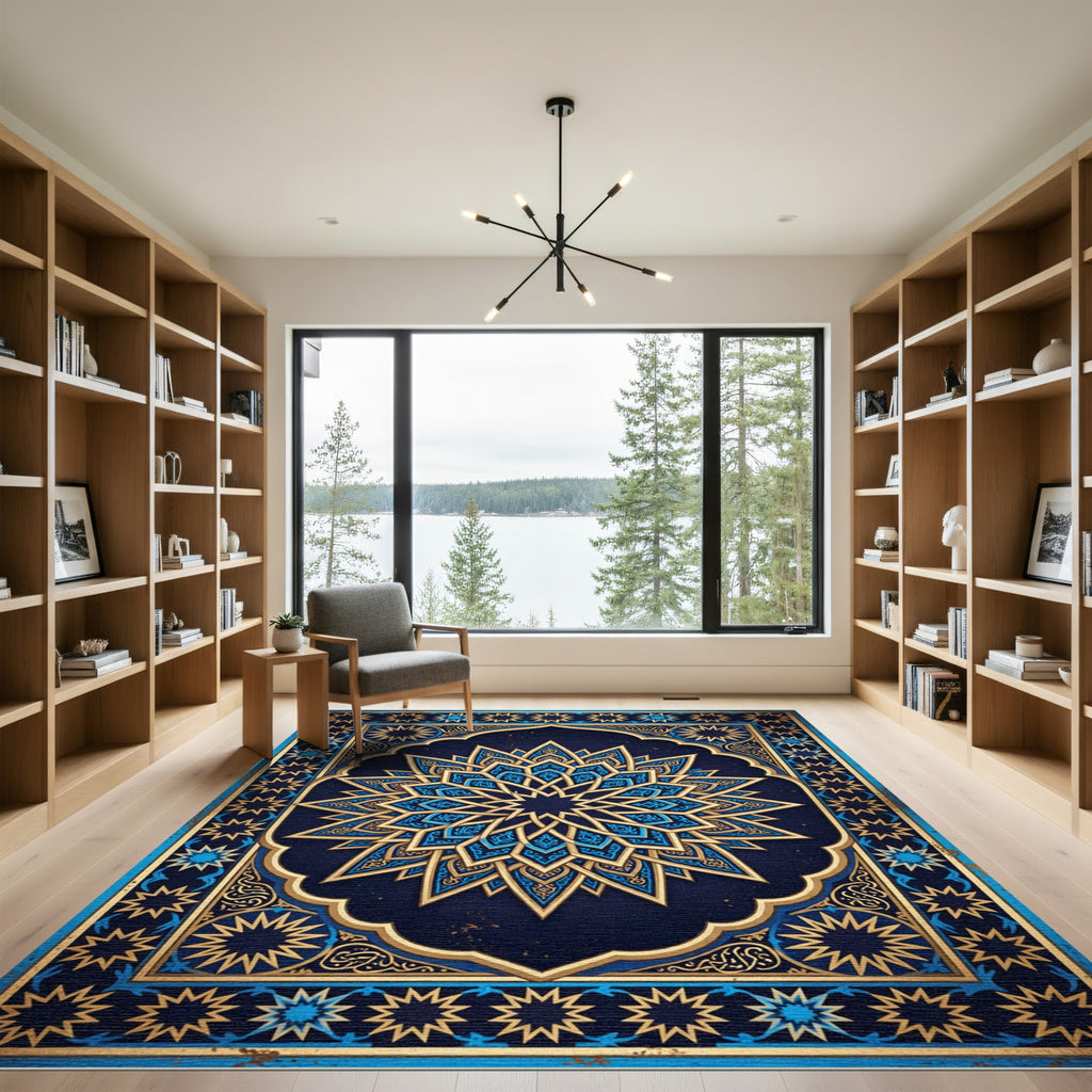 Ornate Celestial Blue Golden Geometric Mandala Rug