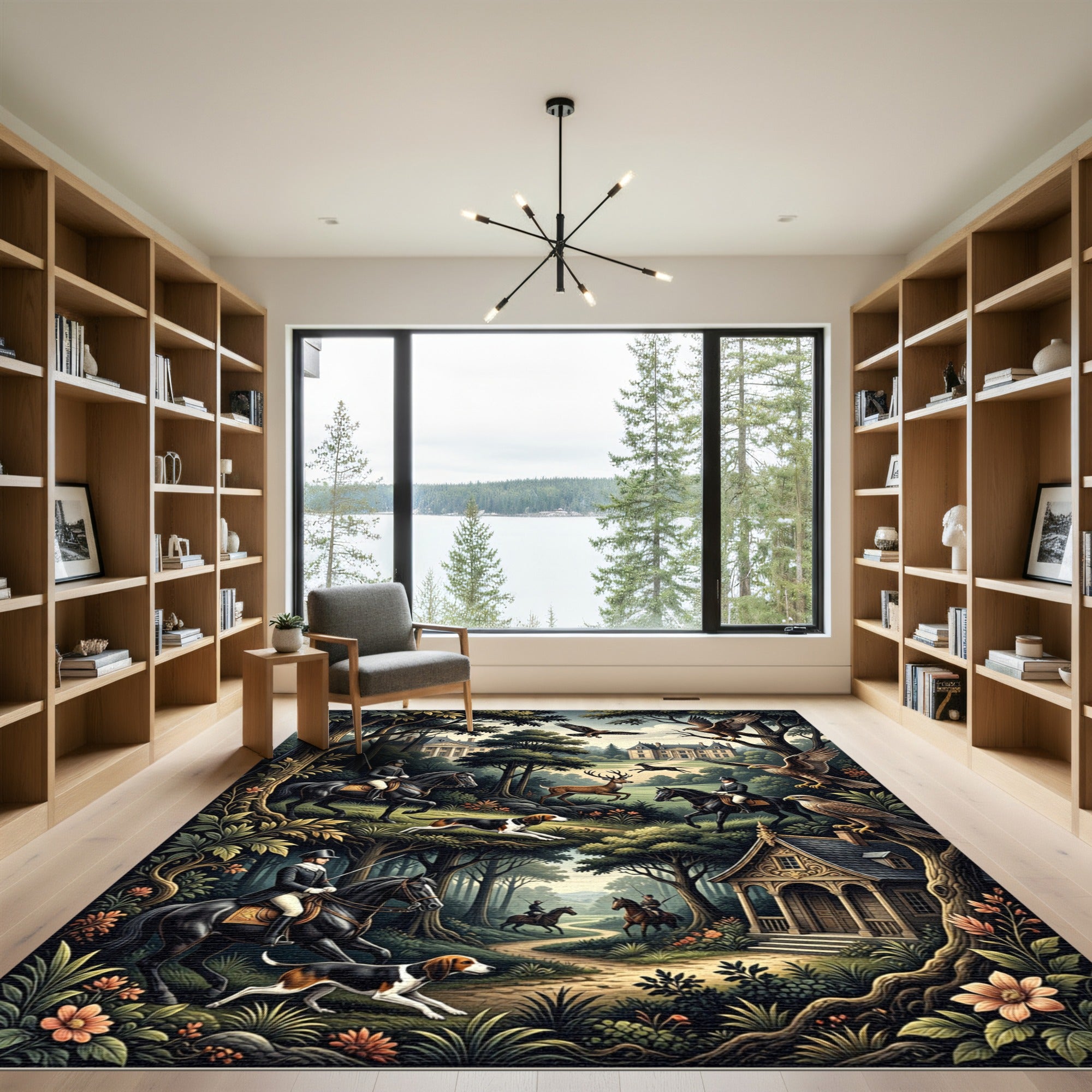 Equestrian Forest Hunting Scene Rug