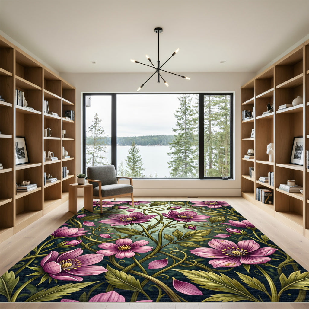 Elegant Pink Floral Botanical Illustration Rug