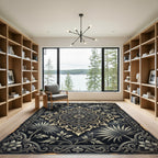 Ornate Ivory Floral Medallion Black Rug