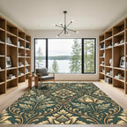 Dark Emerald Golden Damask Floral Rug