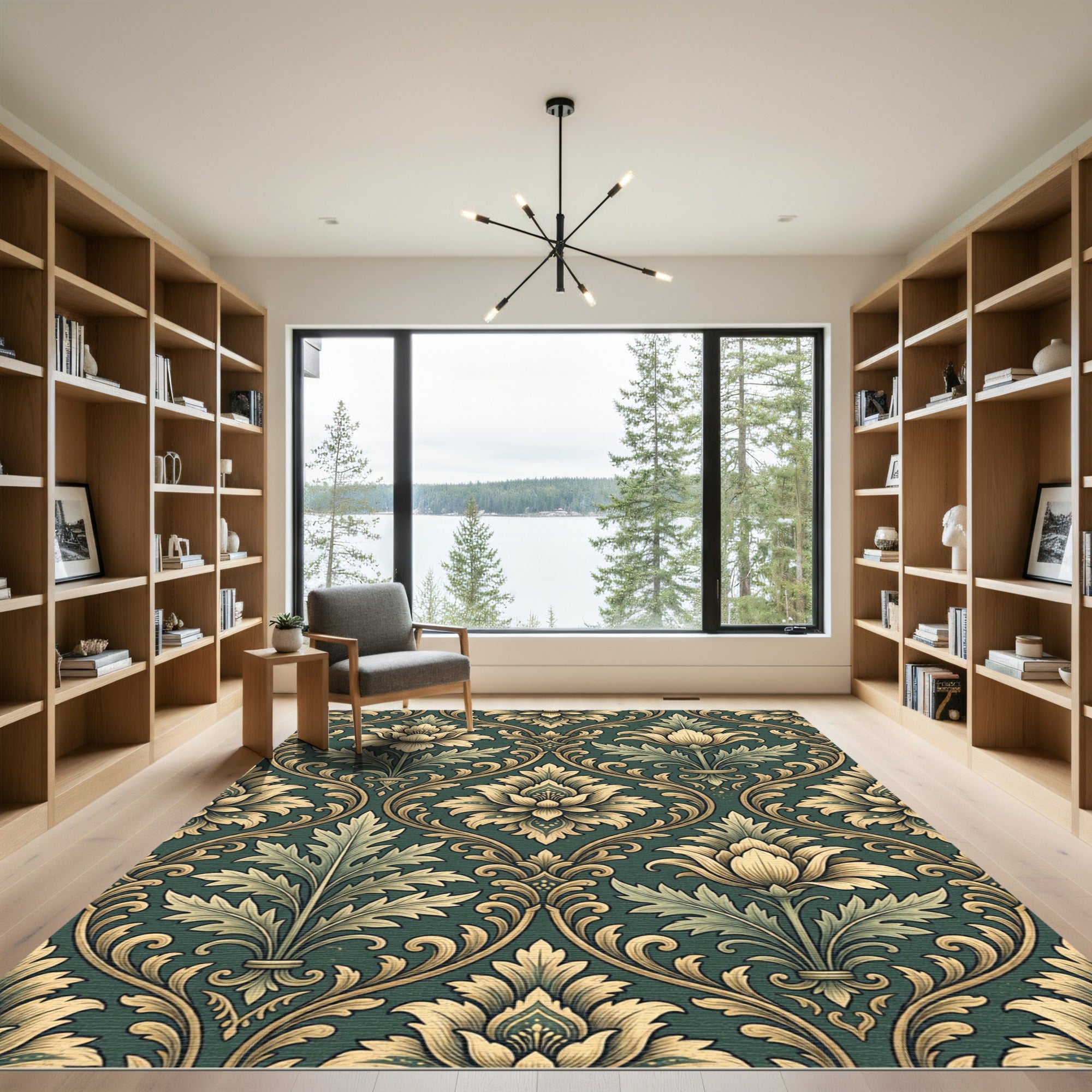 Dark Emerald Golden Damask Floral Rug
