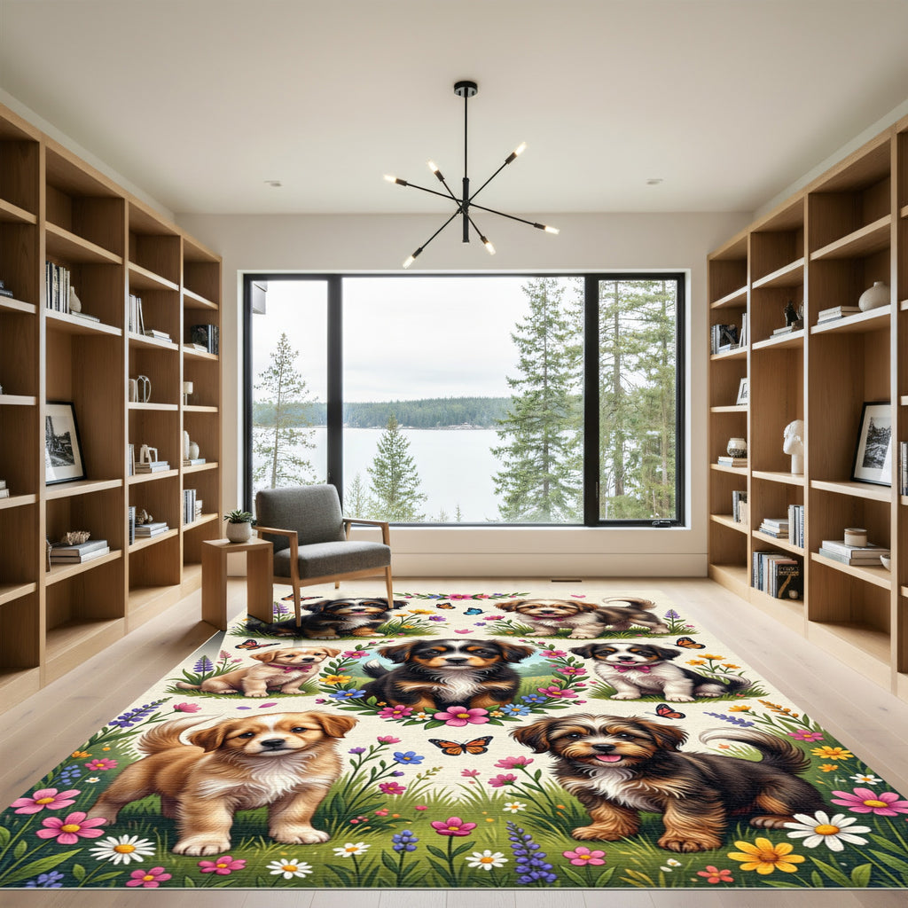 Whimsical Puppy and Butterfly Meadow Rug