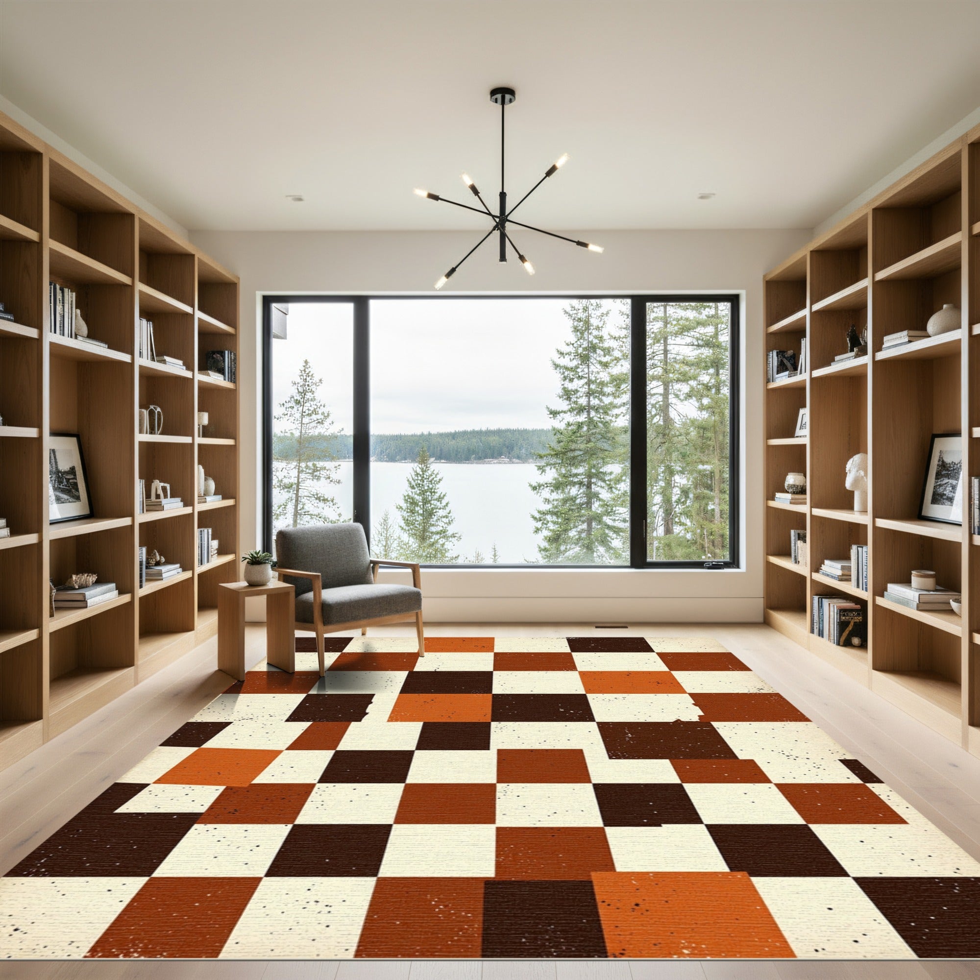 Midcentury Modern Burnt Orange Checkered Grid Rug