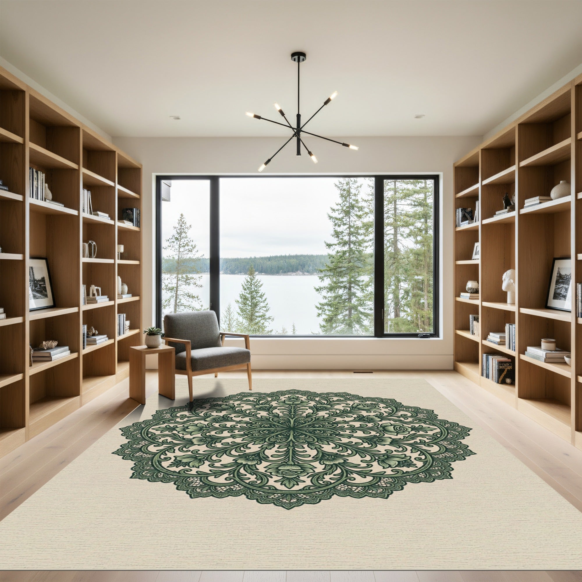 Elegant Forest Green Botanical Floral Medallion Rug