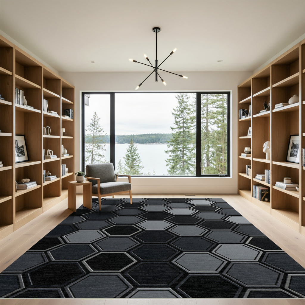 Monochromatic Hexagon Geometric Arrangement Rug