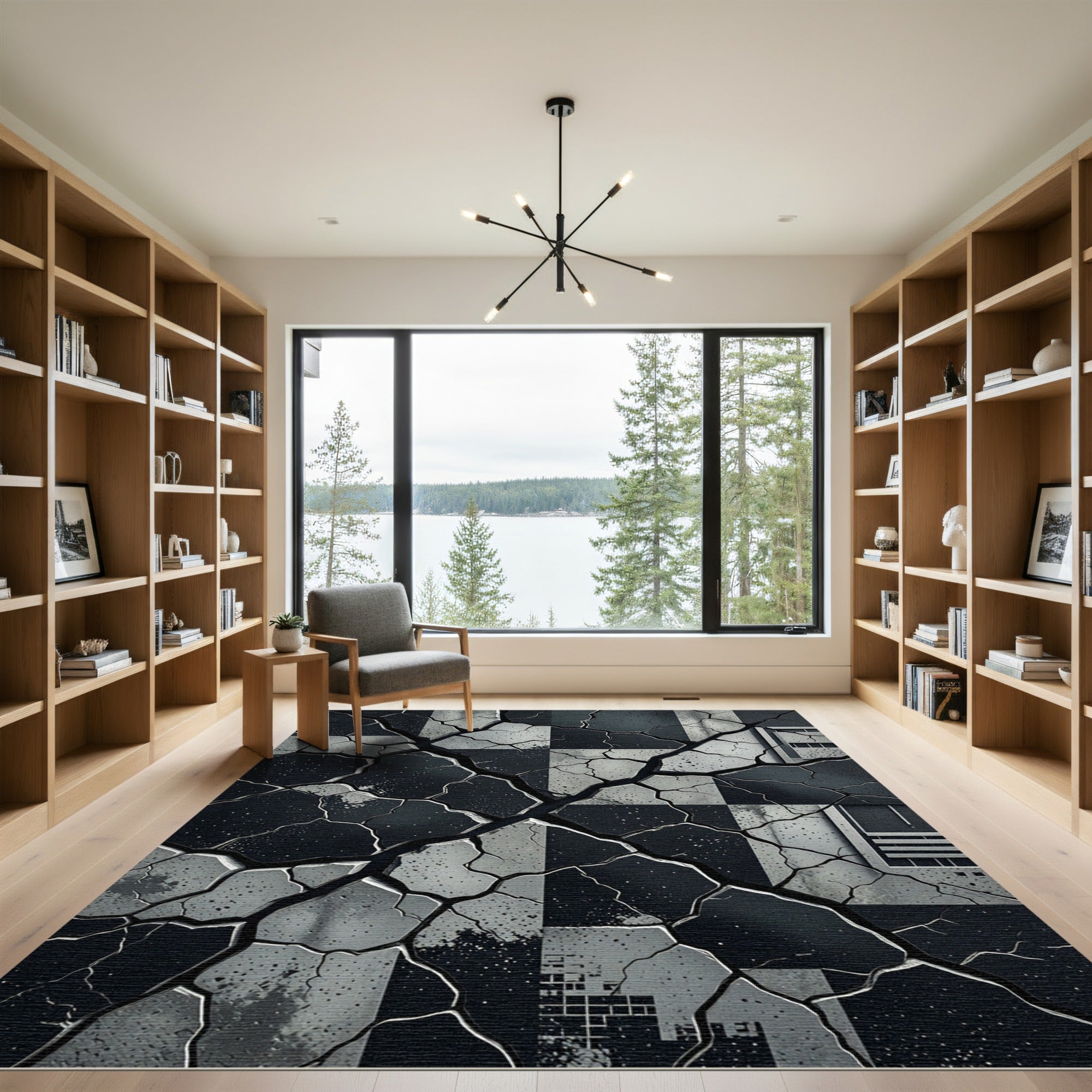 Cracked Black and White Geometric Squares Rug