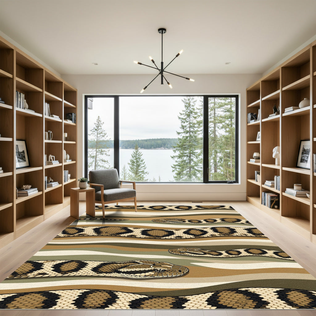 Slithering Reptilian Snakes on Wavy Earth Tones Rug