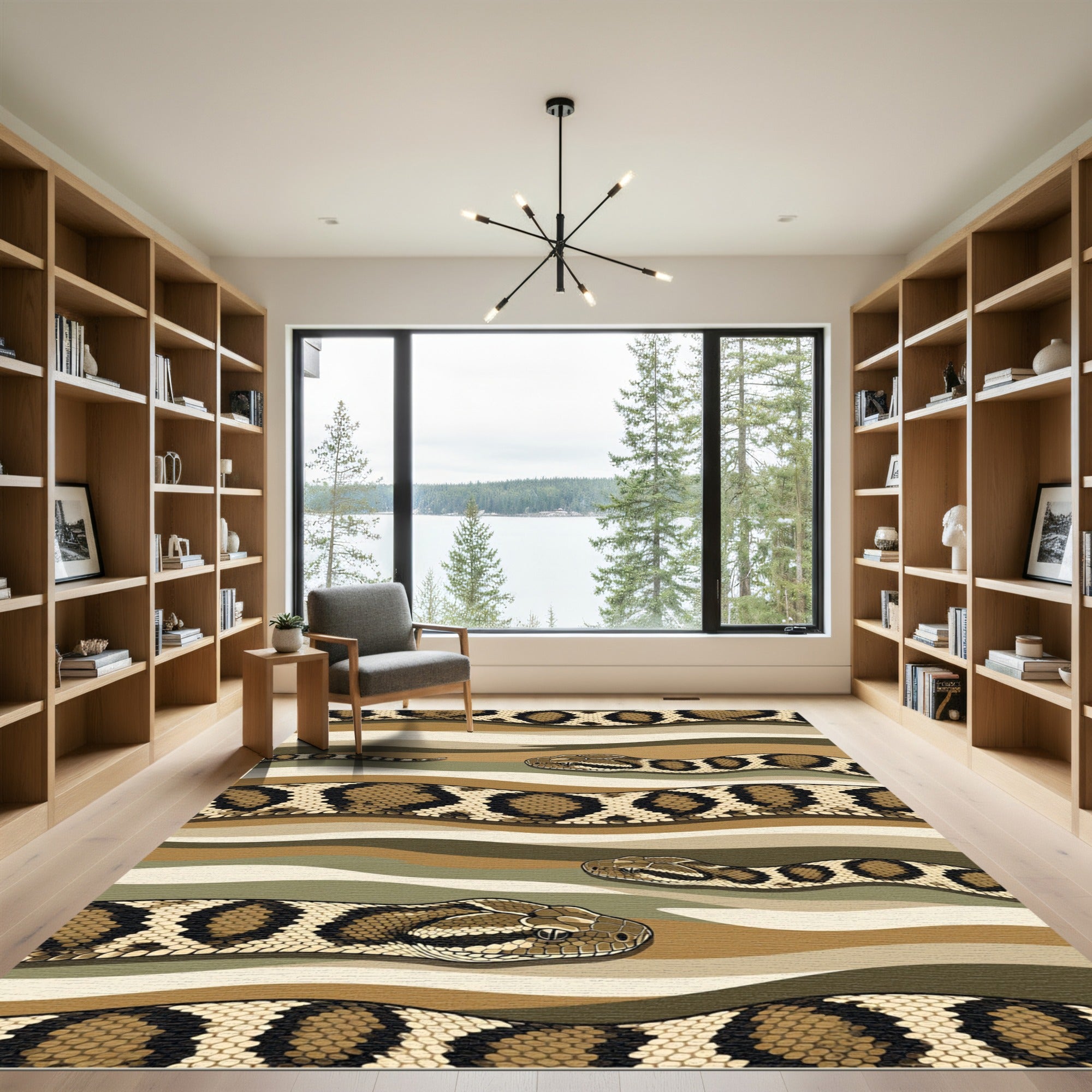 Slithering Reptilian Snakes on Wavy Earth Tones Rug