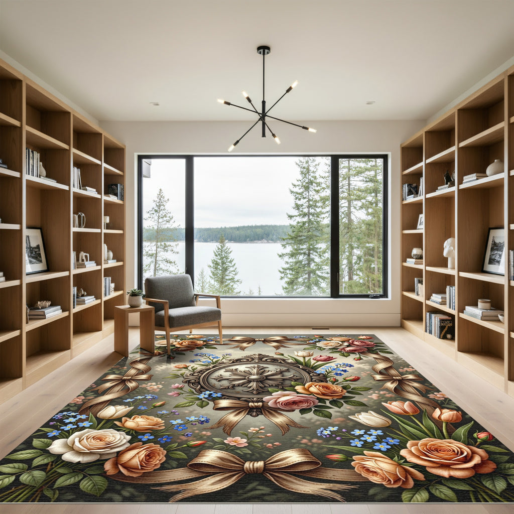 Elegant Floral Rose Ribbon Medallion Rug