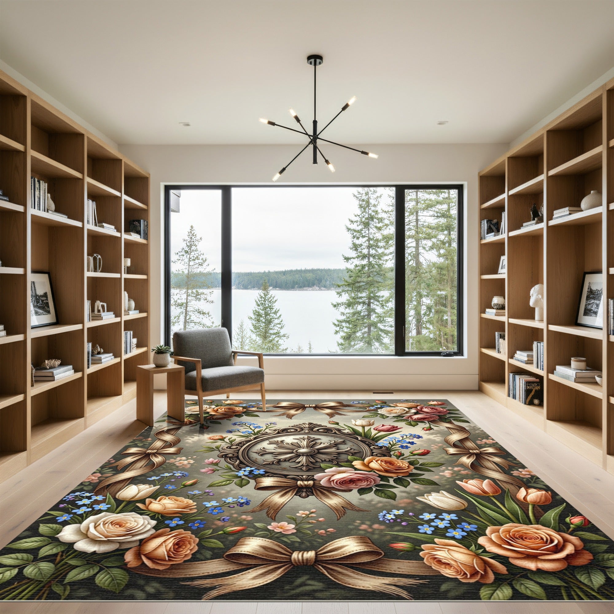Elegant Floral Rose Ribbon Medallion Rug