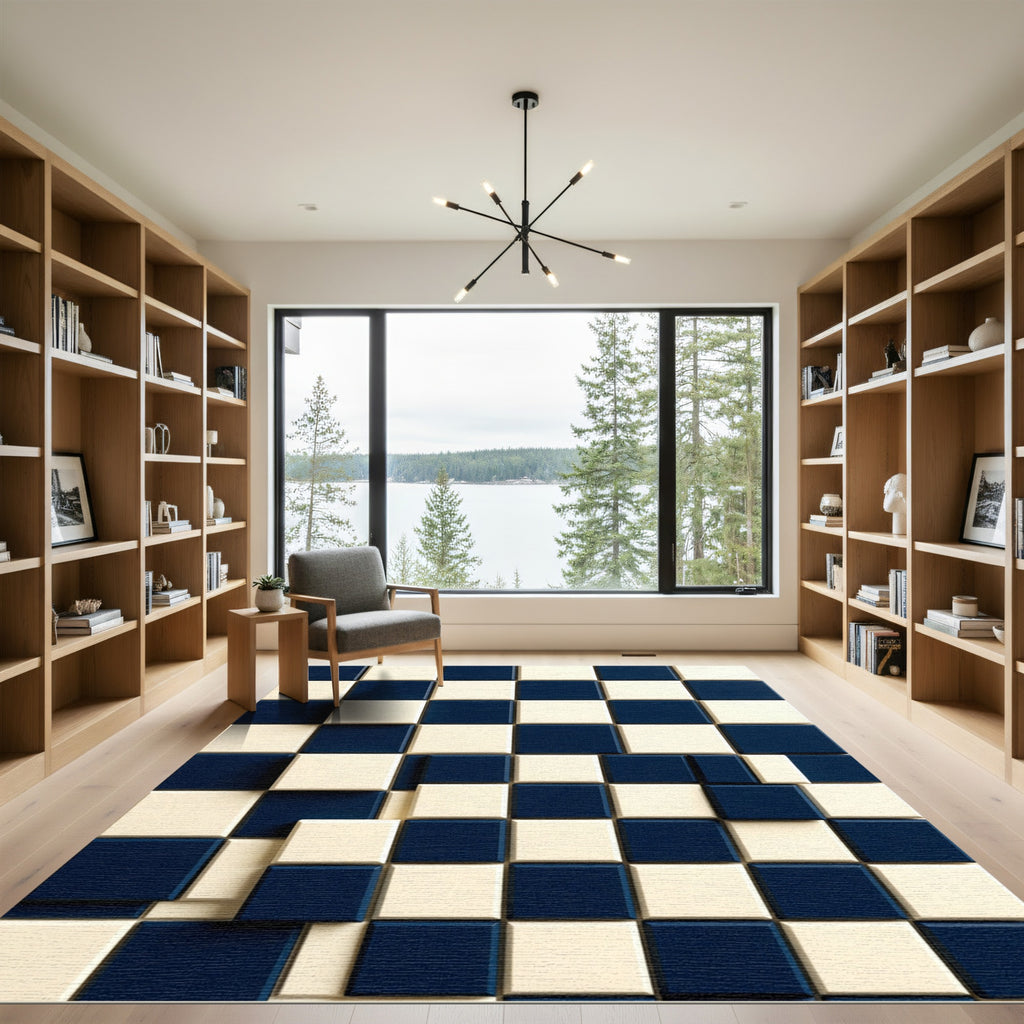 Modern Navy and White Geometric Grid Rug