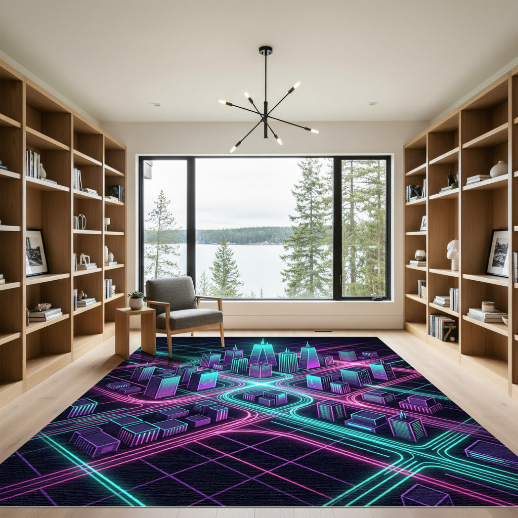 Neon Cyberpunk City Grid Skyline Rug