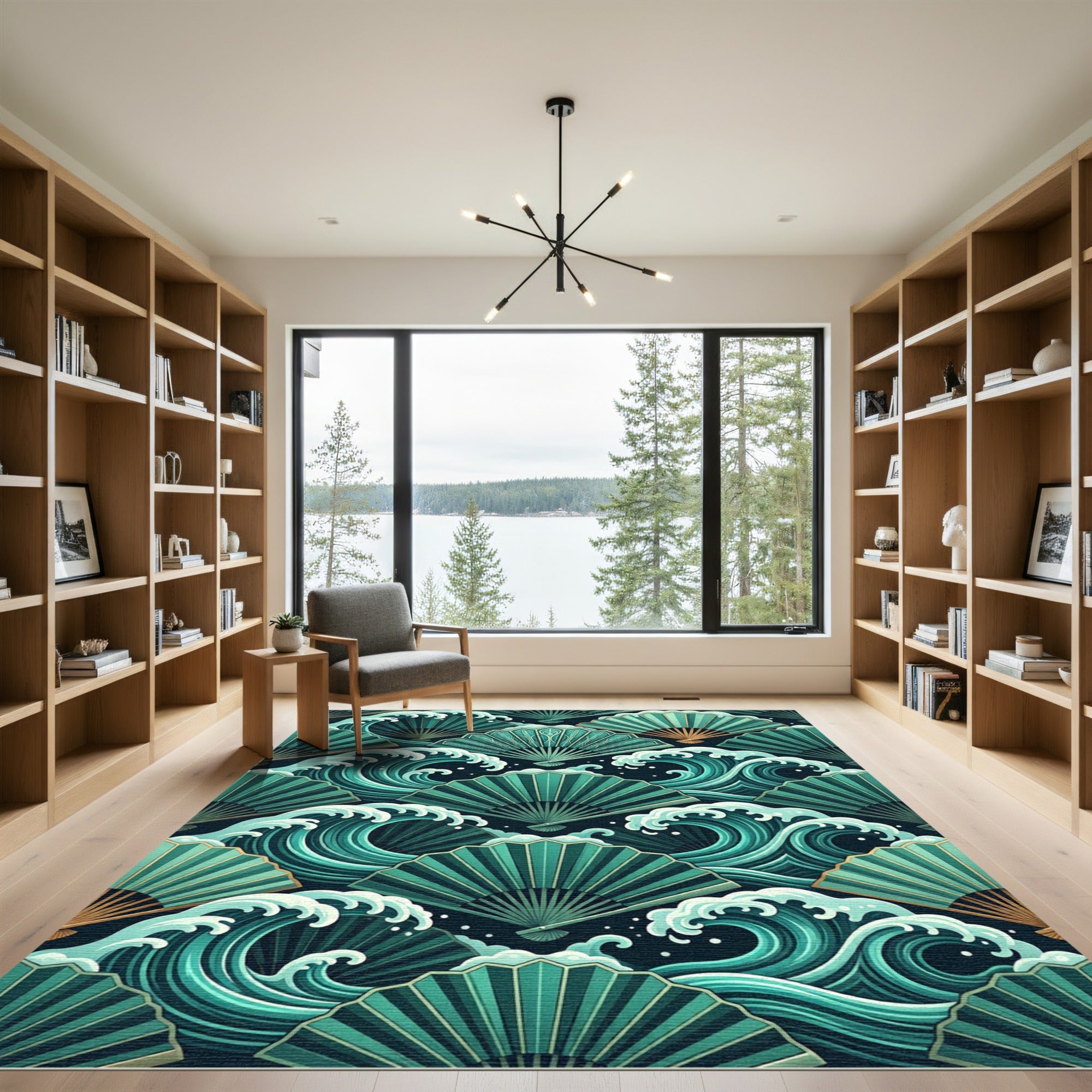 Teal Fans and Waves Repeat Rug