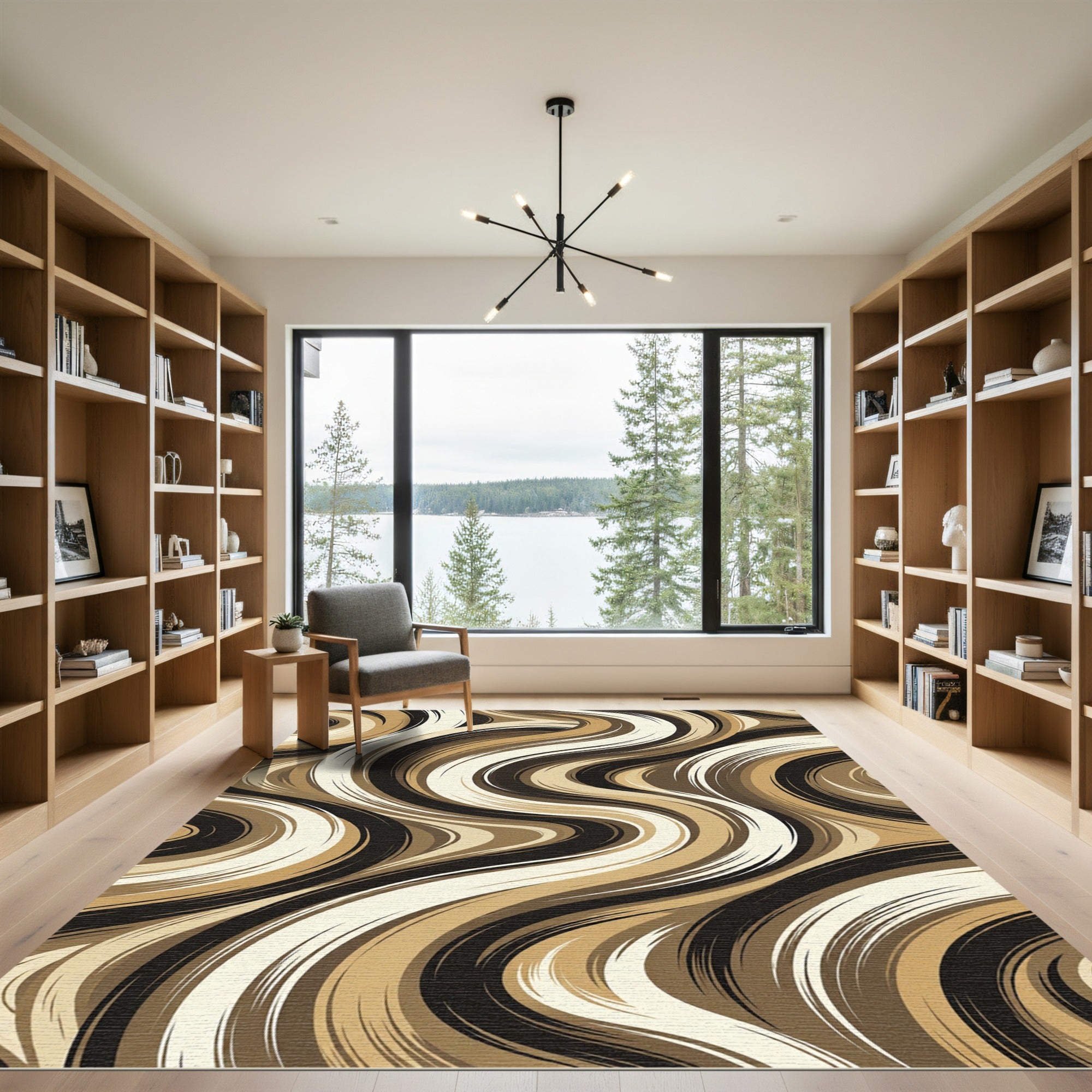 Modern Abstract Brown Wavy Swirl Rug