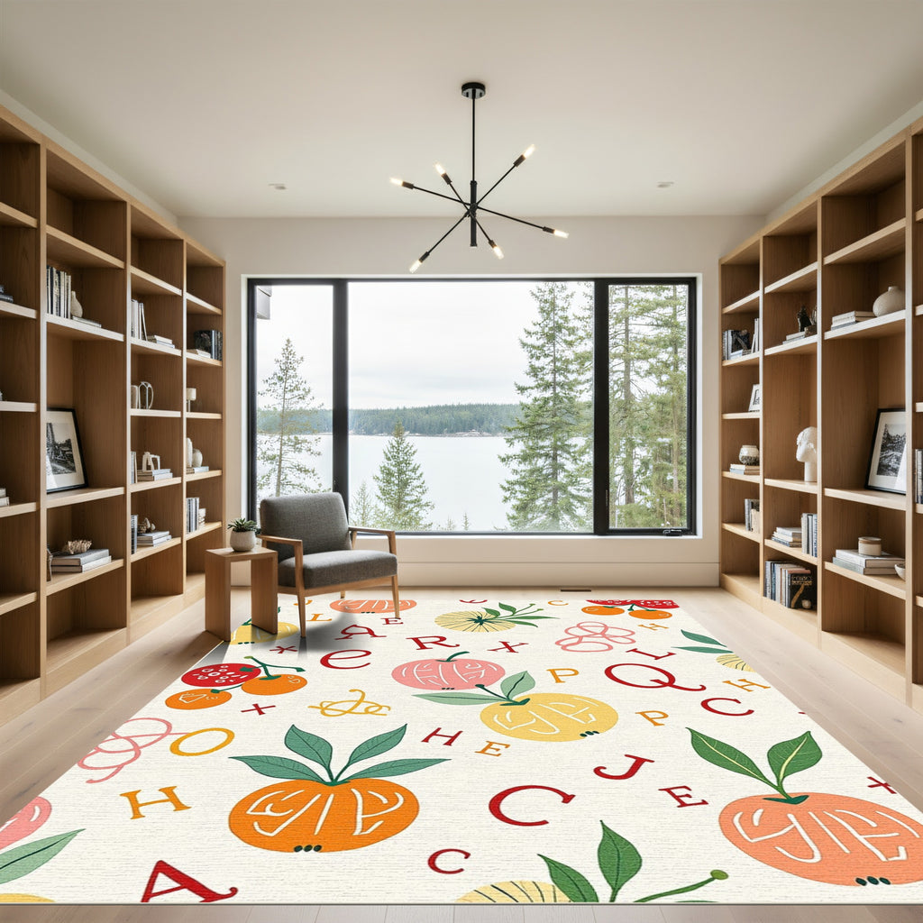 Whimsical Fruit and Letter Collage Rug