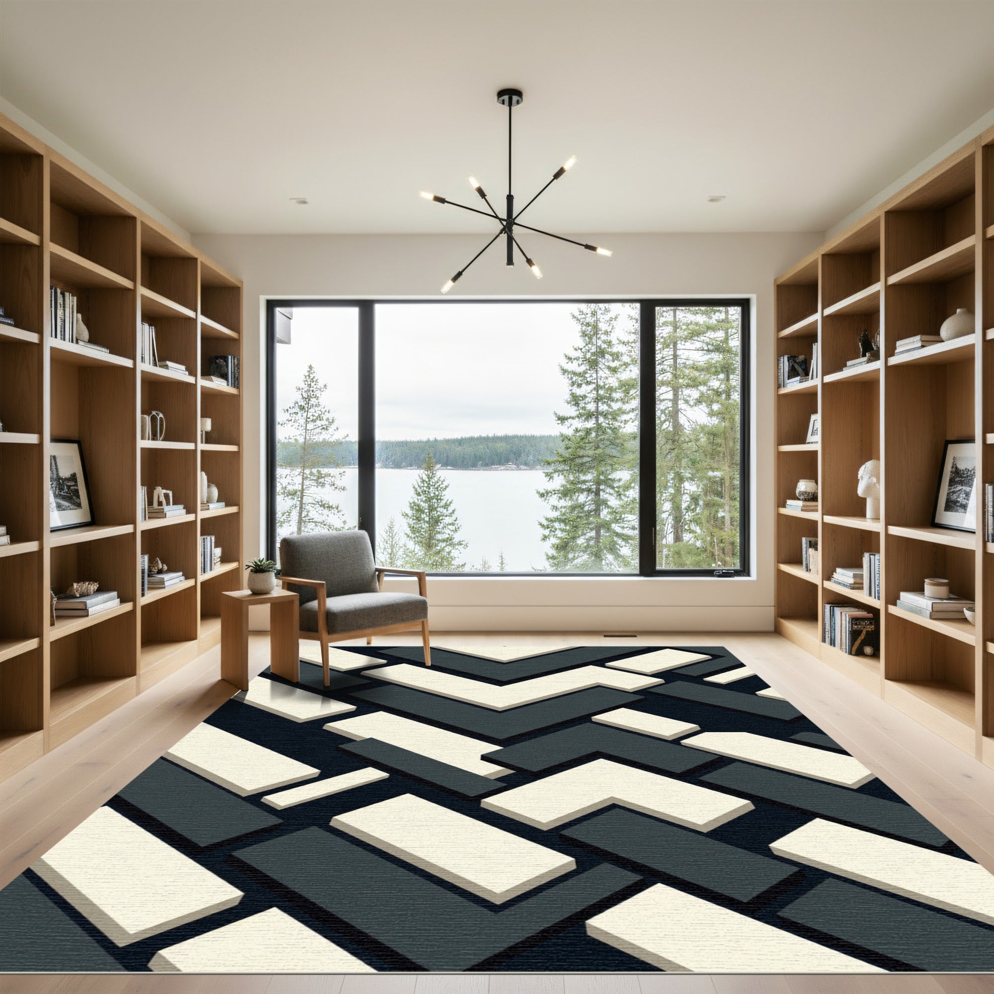 Monochromatic Geometric Chevron Block Rug