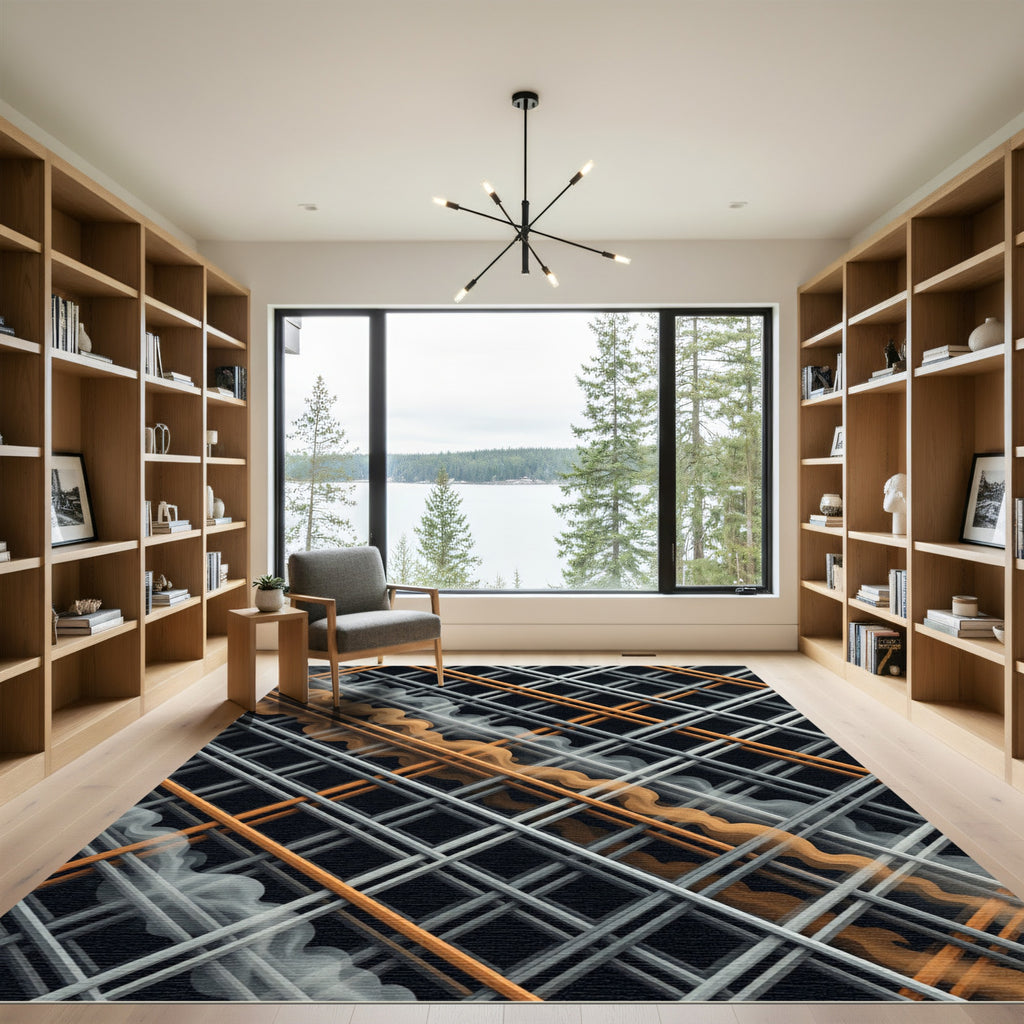 Modern Amber Gold Grid and Wave Rug