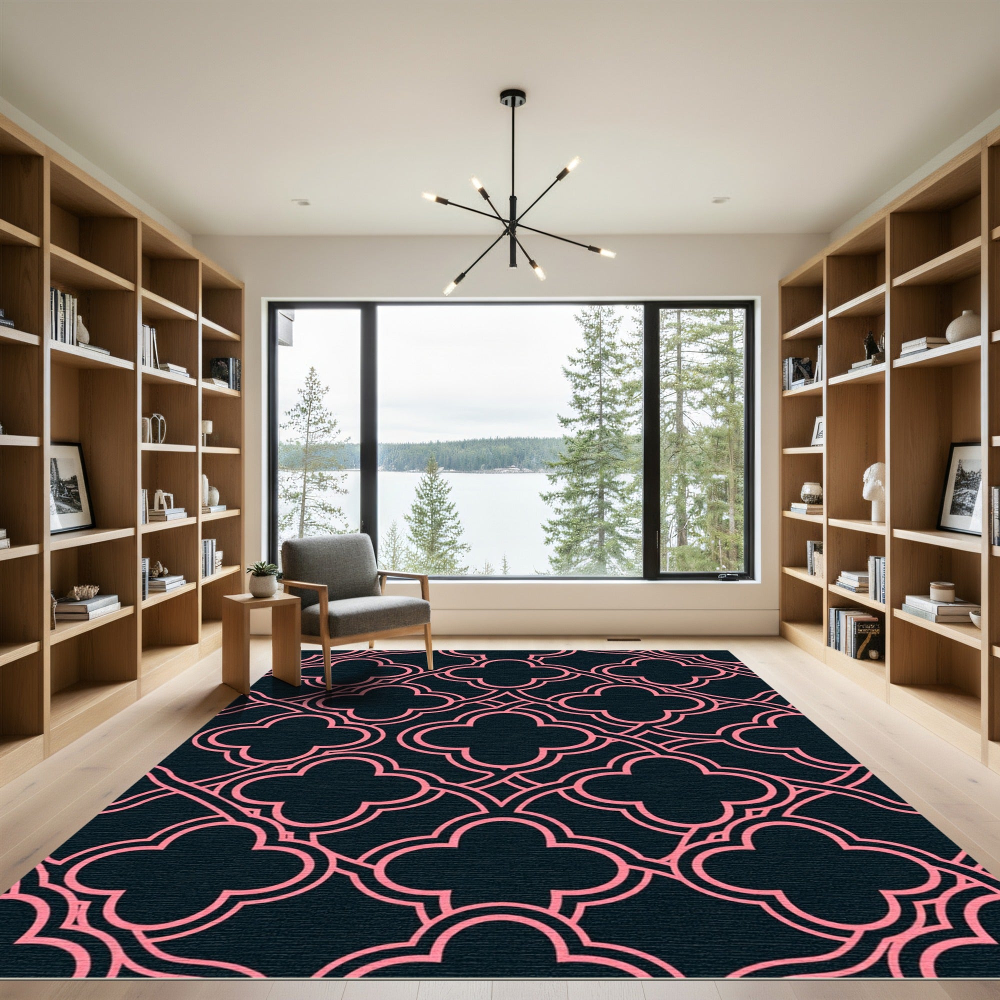 Pink Quatrefoil Geometric Navy Grid Rug