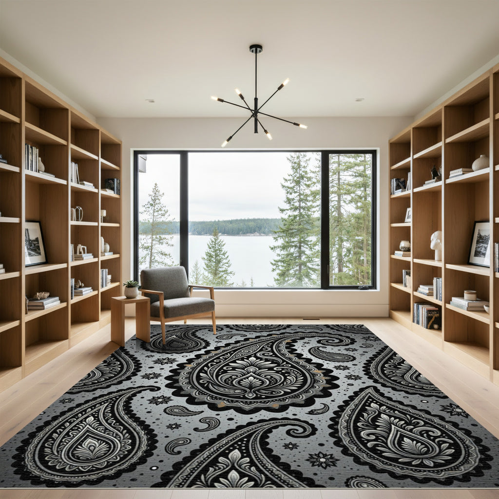 Monochrome Paisley Swirl Gray Area Rug