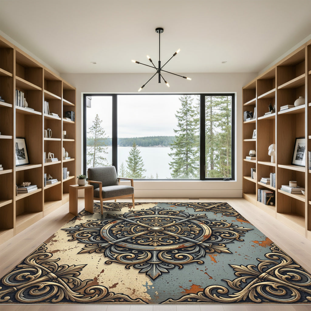 Ornate Bronze Metallic Filigree Medallion Rug