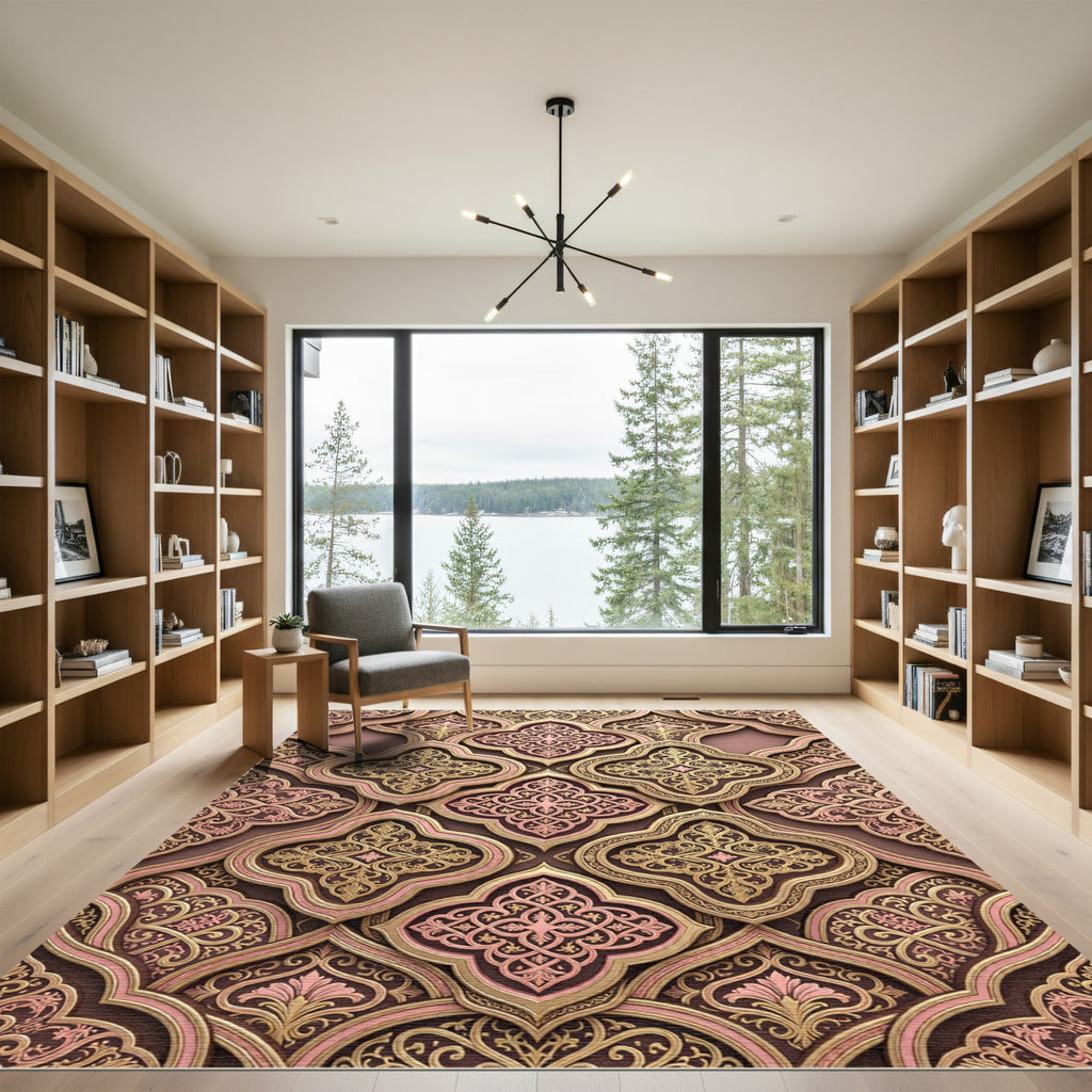 Elegant Gold Blush Trellis Floral Ornament Rug
