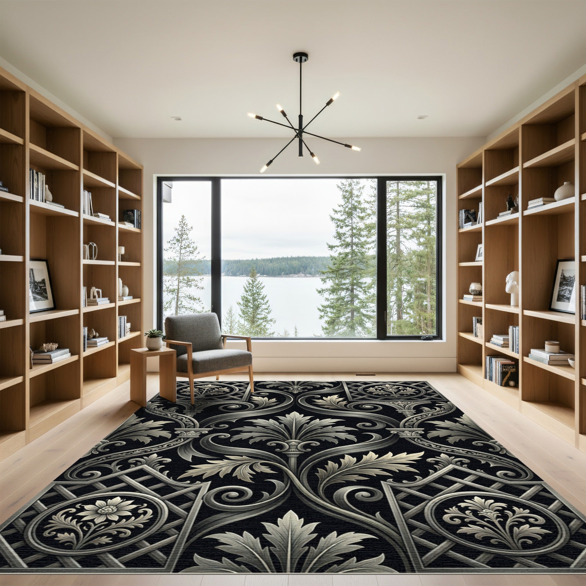 Monochromatic Baroque Damask Scroll Filigree Rug