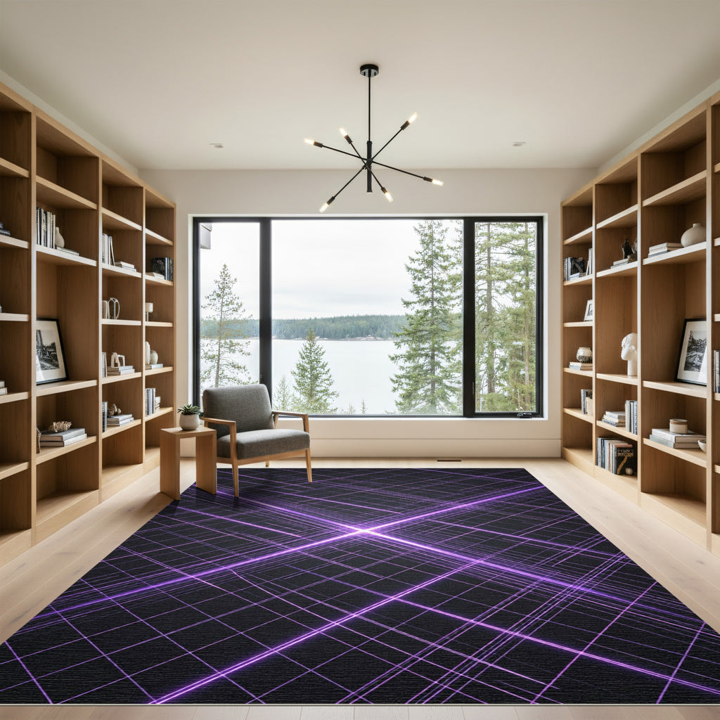 Luminous Purple Cyber Grid Lines Rug