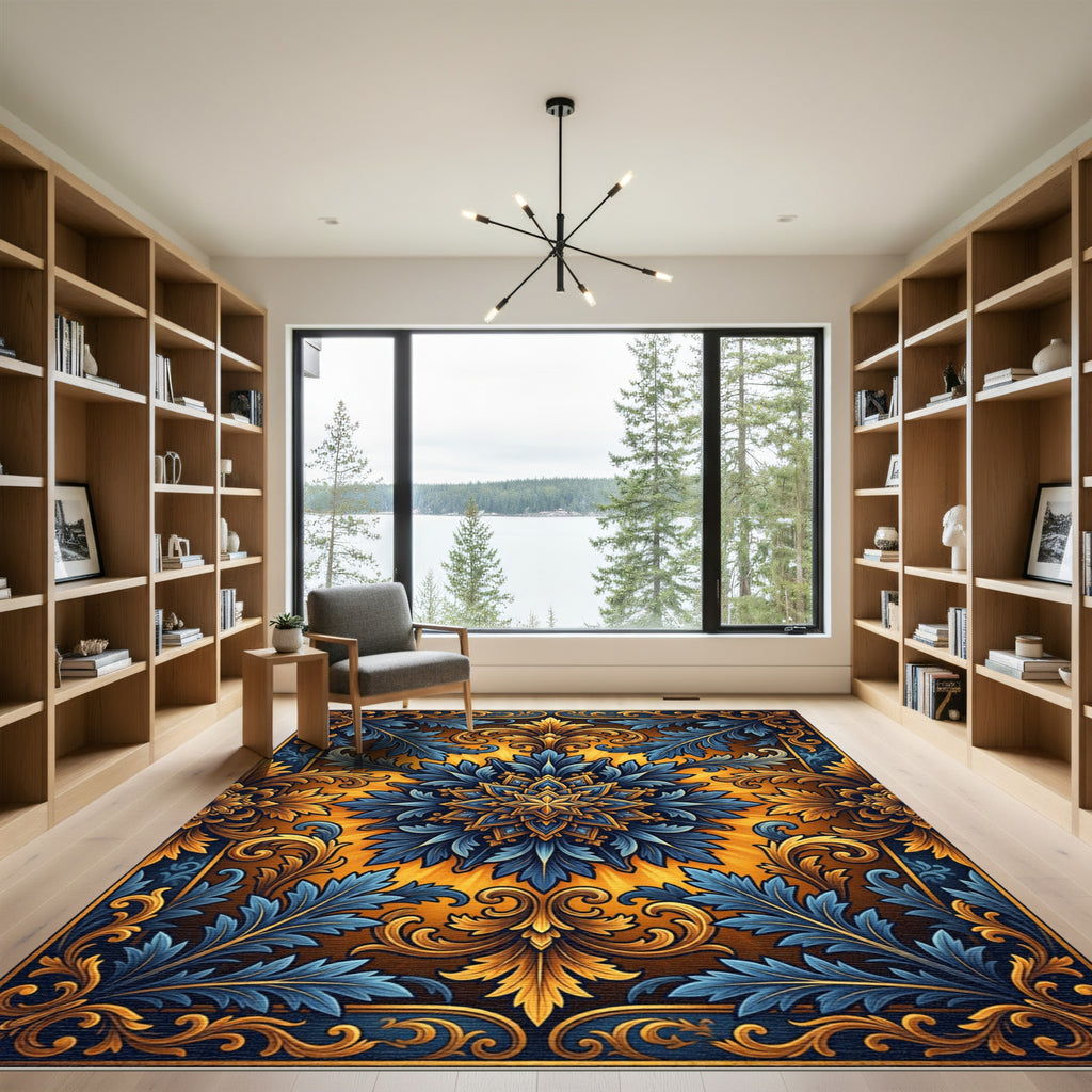 Golden Blue Floral Baroque Ornament Rug