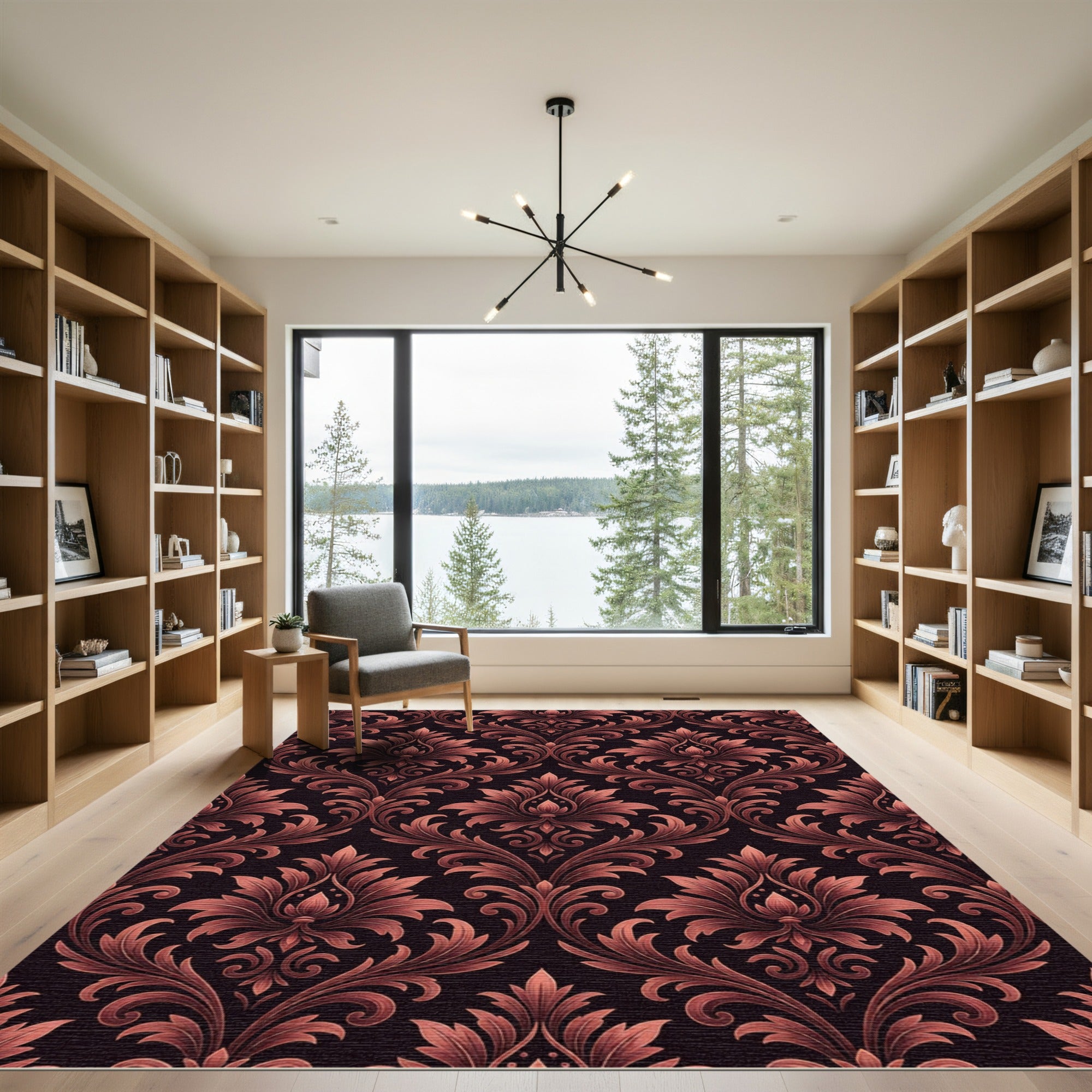 Dark Rose Ornate Damask Scroll Rug