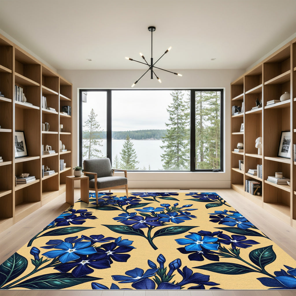 Deep Blue Periwinkle Floral Golden Backdrop Rug