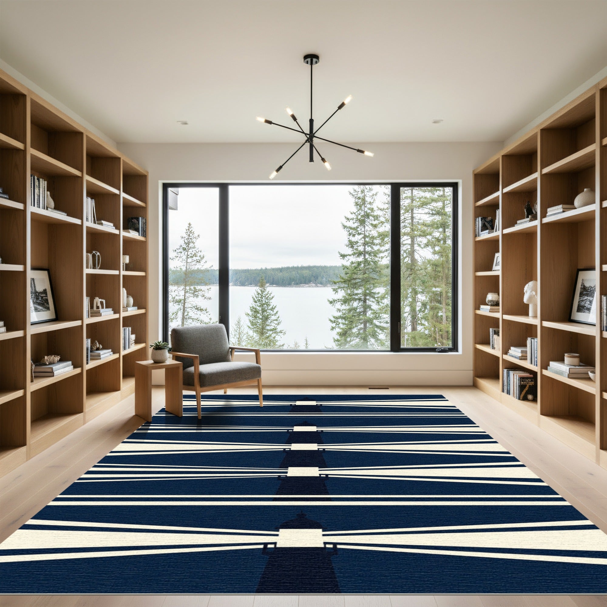 Minimalist Dark Blue Abstract Lighthouse Alignment Rug