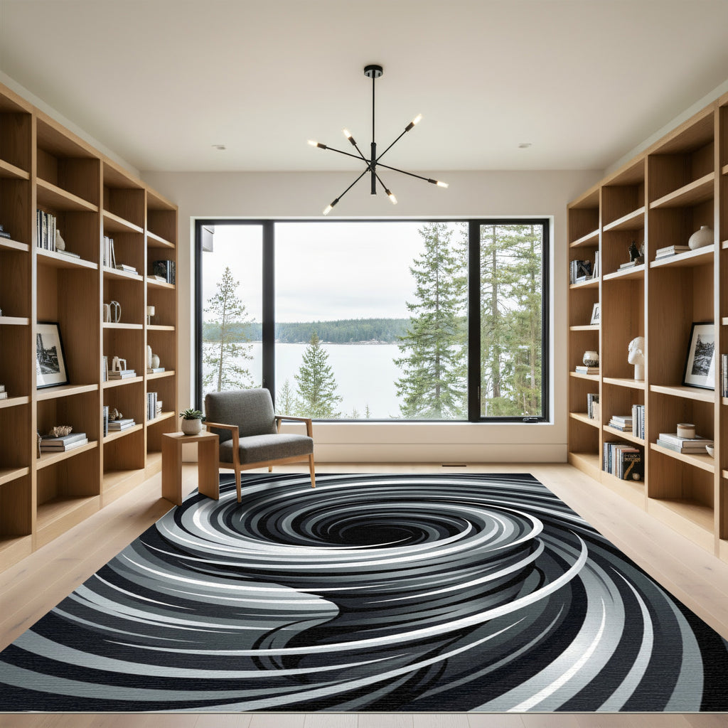 Monochrome Abstract Swirling Vortex Area Rug
