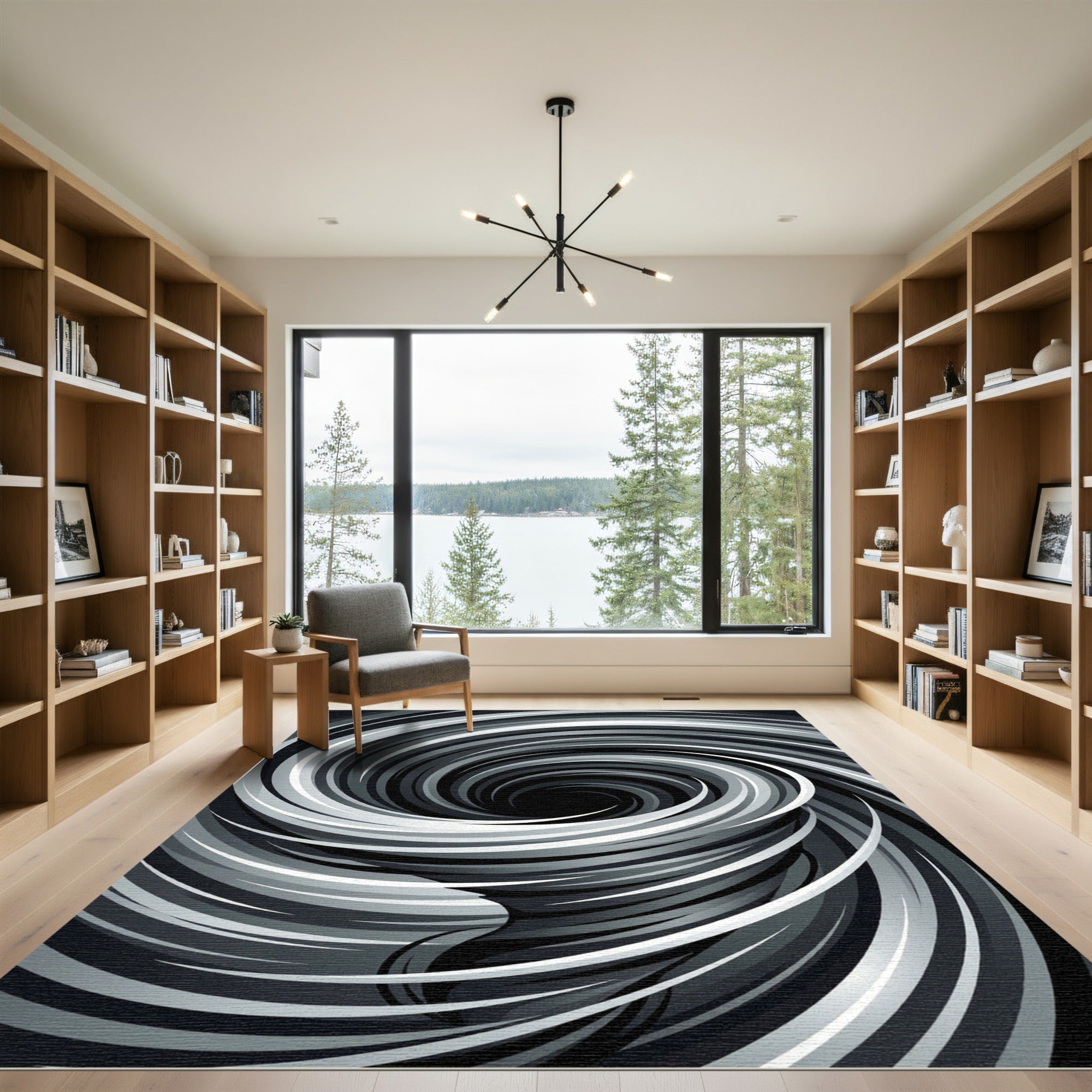 Monochrome Abstract Swirling Vortex Area Rug