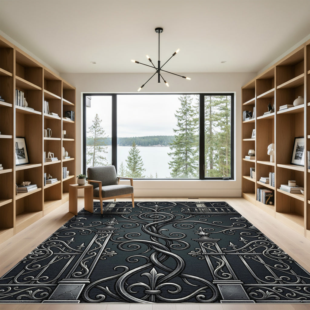 Ornate Silver Scroll Gate Design Rug