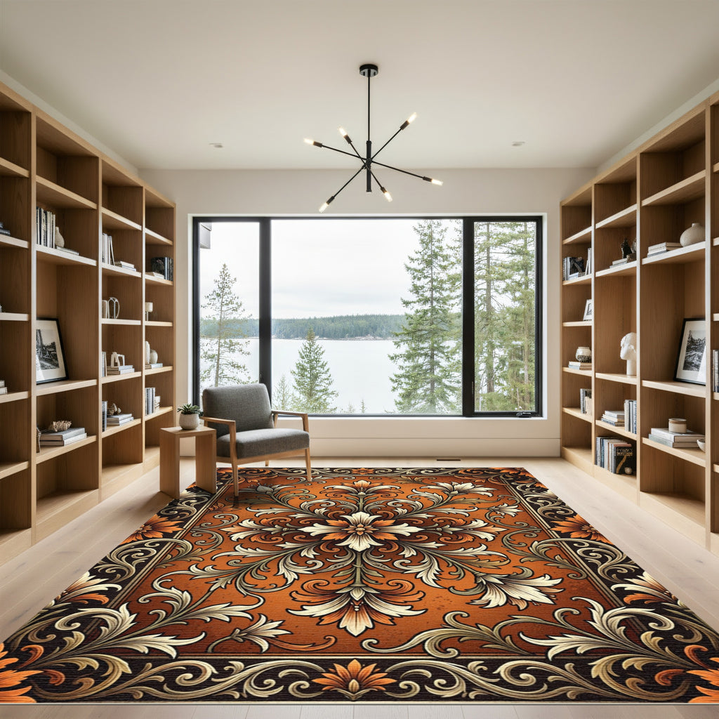 Ornate Burnt Orange Floral Scroll Tapestry Rug