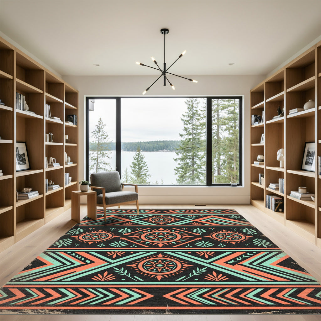 Geometric Coral and Teal Aztec Art Rug