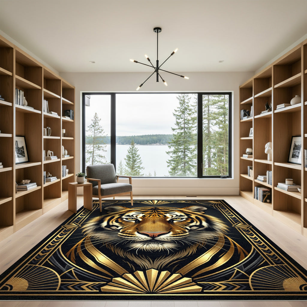 Bold Gold Art Deco Tiger Portrait Rug