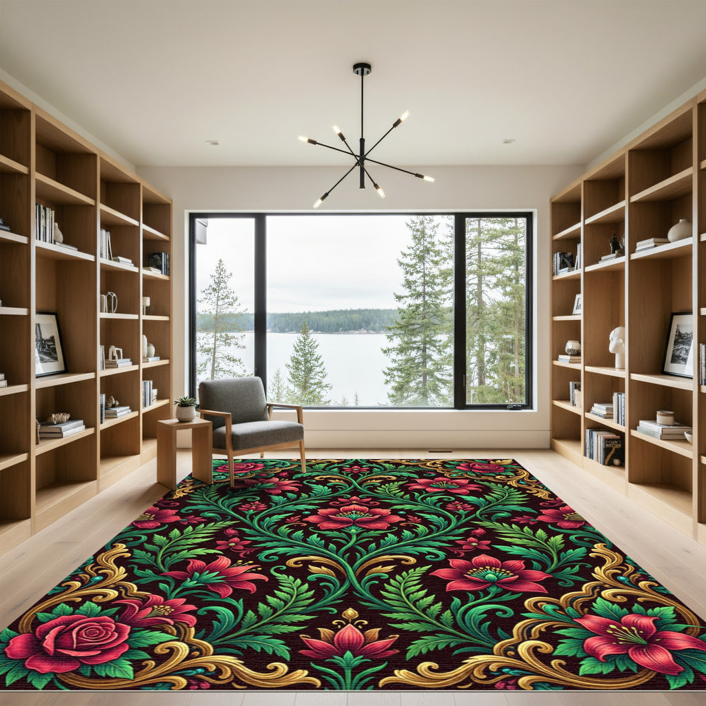Opulent Crimson Floral Gold Scrollwork Rug