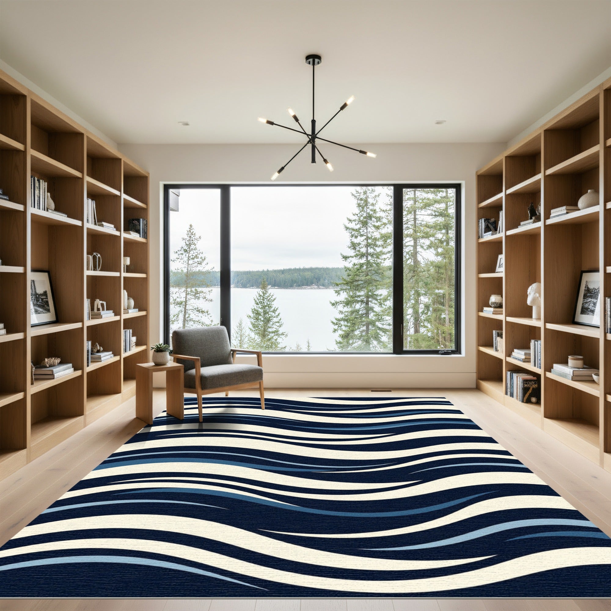 Modern Navy Blue Waving Line Rug