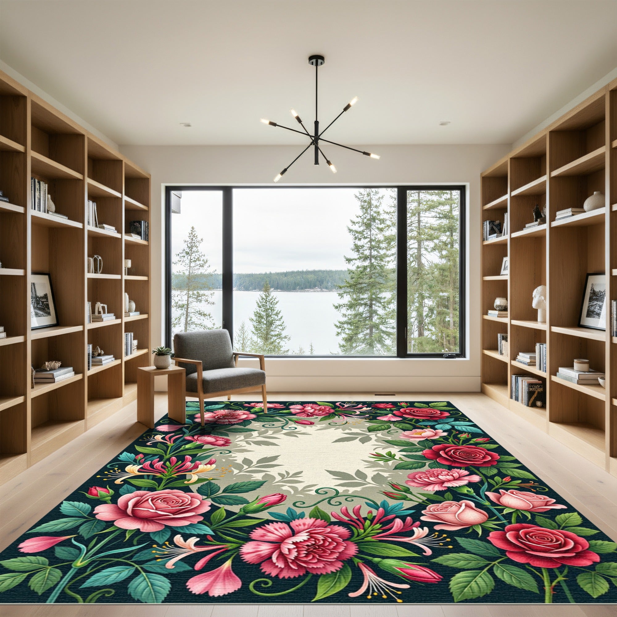 Crimson Rose Coral Pink Floral Garland Rug