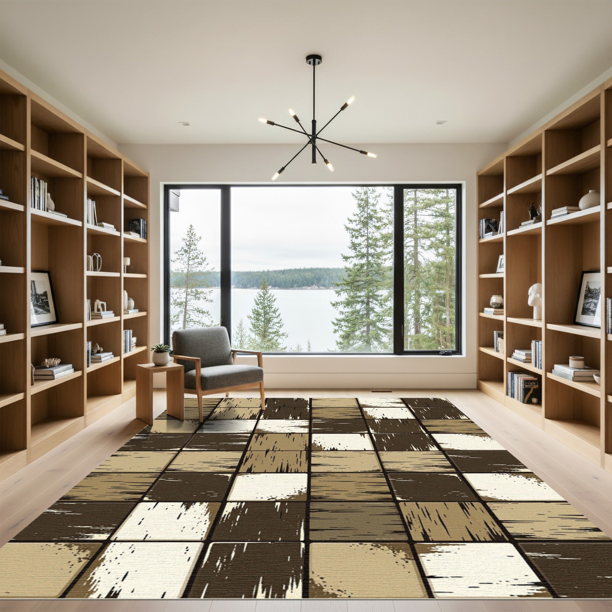 Rustic Wood Grain Checkered Rug