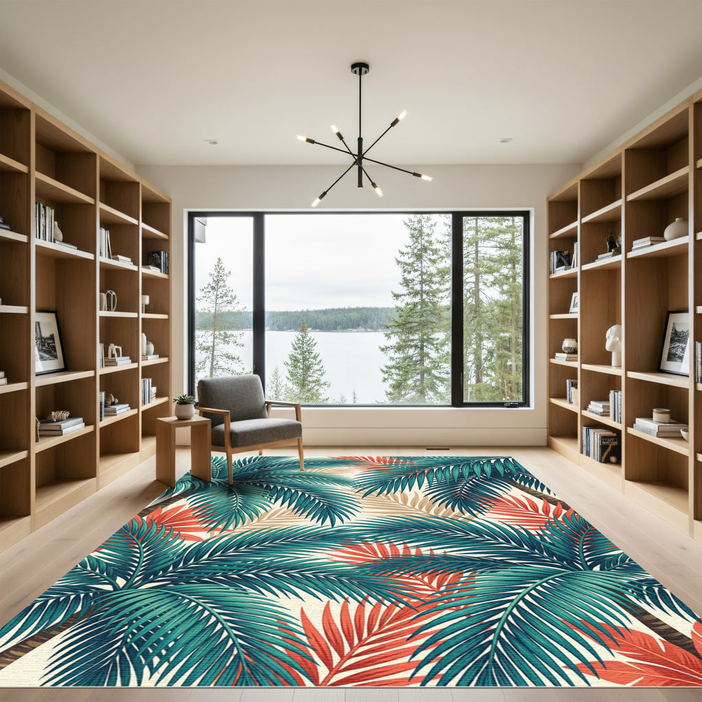 Lush Green and Coral Tropical Foliage Rug